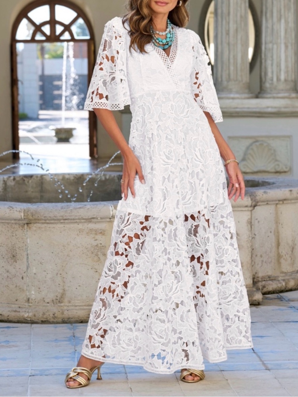 Boston Proper White Lace Maxi Dress with Flutter Sleeves